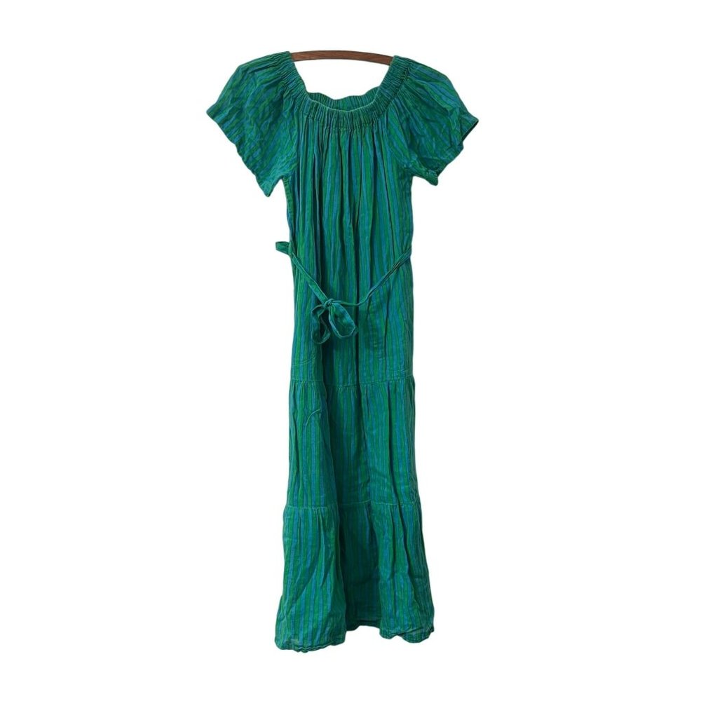 Oliphant Womens Blue Green Striped Waist Tie Tiered Midi Dress Size Small